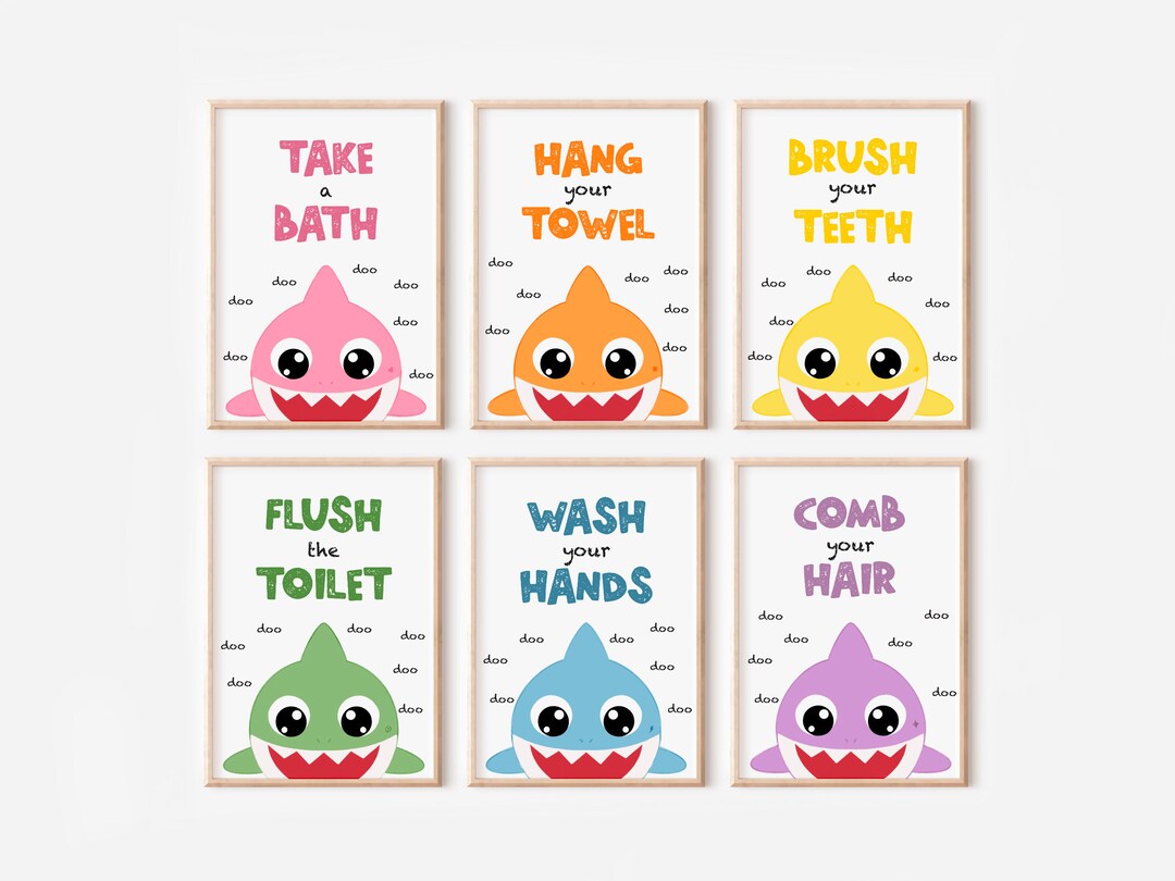 Downloadable Set of 6 Baby Shark Bathroom Wall Art, Kids Cute Bath Set