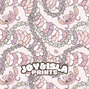 May include: A seamless pattern featuring a cartoon character with a flower crown and a lei. The character is surrounded by pink, white, and purple lei. The text "JOY & ISLA PRINTS" is in the center of the pattern.