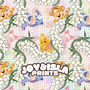 May include: A repeating pattern featuring Winnie the Pooh characters, including Pooh, Tigger, Eeyore, and Piglet, surrounded by white flower garlands. The background has a plaid design with pastel colours. The text "JOY&ISLA PRINTS" is also visible.
