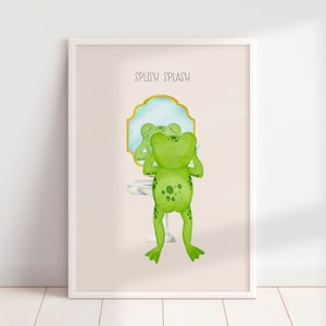 PRINTED & SHIPPED Splish Splash Froggy, Cute Bathroom Wall Art, Spa Decor, Toad Frog Art Print, Kid's Bathroom Sink Bathtub Toilet Decor