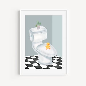 Downloadable Ducky on the Potty Wall Art Blue Mist, Cute Bathroom Wall Art Digital Print, Printable Potty Time Toilet Bathroom Wall Decor