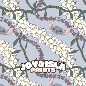 May include: A seamless pattern featuring a blue cartoon character with large ears, white flowers, and purple flowers on a light blue background. The text "JOY & ISLA PRINTS" is in the center of the pattern.