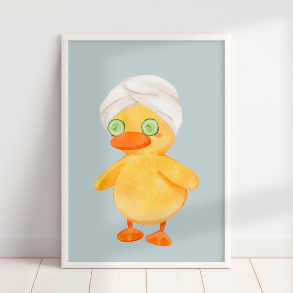 PRINTED & SHIPPED Self Care Ducky (blue mist), Cute Bathroom Wall Art, Spa Decor, Rubber Ducky Print, Towel Head Wrap, Kid's Bathroom Decor