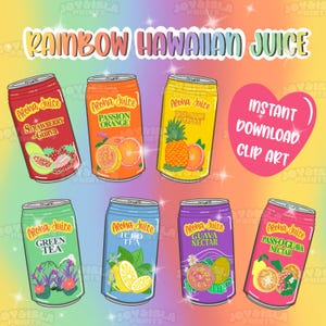 May include: A collection of colorful juice can illustrations with the text "Rainbow Hawaiian Juice". The cans feature various flavors like strawberry guava, passion orange, and pineapple orange. A pink heart graphic says "Instant Download Clip Art".