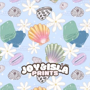 May include: A seamless pattern featuring seashells, flowers, and geometric shapes in shades of pink, yellow, green, and blue on a light blue background. The text "JOY & ISLA PRINTS" is also visible.