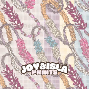 May include: A repeating pattern of colourful leis in shades of pink, purple, orange, and blue on a light background. The leis are arranged diagonally. The text "JOY&ISLA PRINTS" is at the bottom.