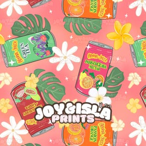 May include: A repeating pattern of Aloha Juice cans in red, orange, and green, with tropical fruit illustrations. The cans are set against a pink background with white flowers and green leaves. The text "JOY&ISLA PRINTS" is also visible. The design evokes a tropical theme.