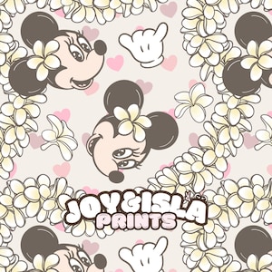 May include: A seamless pattern featuring a cartoon image of Mickey Mouse with a flower lei, a hand making the shaka sign, and pink hearts on a beige background. The text "Joy & Isla Prints" is in the center of the pattern.