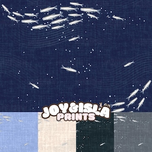 May include: A dark blue fabric pattern featuring a school of small white fish swimming in various directions, accented by scattered white dots and subtle wavy lines. The text JOY & ISLA PRINTS is centered at the bottom, with four color swatches below.