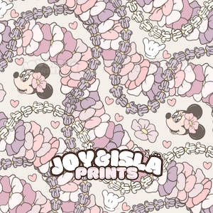 May include: A seamless pattern featuring pink and purple floral leis, hearts, and cartoon images of Minnie Mouse. The text "JOY & ISLA PRINTS" is in the center of the design.