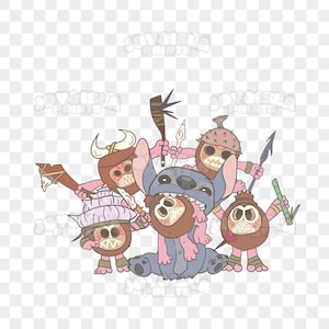 May include: A blue Stitch character from Lilo & Stitch is surrounded by four brown and pink tiki-style characters. The tiki characters are holding various weapons, including spears and clubs. The Stitch character is wearing a pink lei and has a pink tongue sticking out.