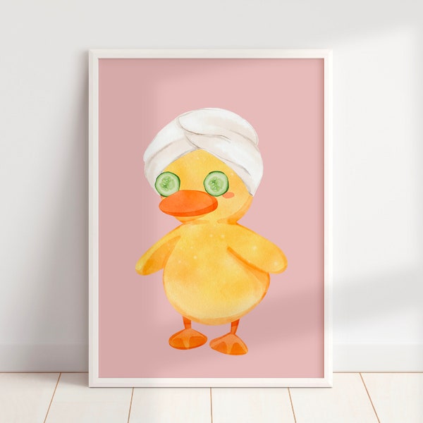 PRINTED & SHIPPED Self Care Ducky (blush), Cute Bathroom Wall Art, Spa Decor, Rubber Ducky Print, Towel Head Wrap Art, Kid's Room Art Prints