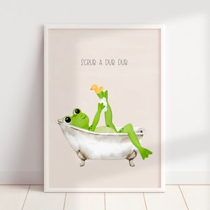 GEDRUKT & VERZONDEN Kikker in de badkuip met Ducky, schattige badkamer kunst aan de muur, bubbelbad Art Print, grappige Kid's badkamer decor muur print, Froggy