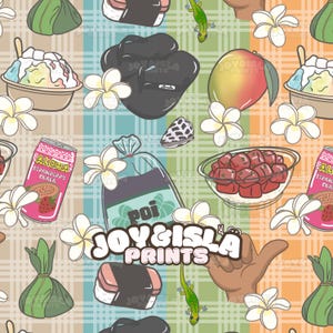 May include: A vibrant pattern showcasing Hawaiian cuisine and symbols. It includes shaved ice, mango, poi, spam musubi, plumeria flowers, and a can of Aloha Strawberry Guava. The design also features a gecko and a hand gesture.