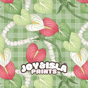 May include: A seamless pattern featuring stylized anthurium flowers in shades of red, white, and green, set against a light green plaid background. The design includes decorative rope and pearl-like accents, with the text "JOY&ISLA PRINTS".
