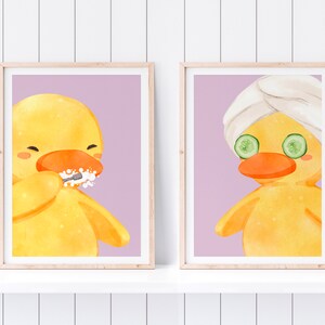 Downloadable SET of 2 Self Care + Brush Teeth Ducky Wall Art in LILAC, Cute Kids Bathroom Wall Art Digital Prints, Printable Bathroom Decor
