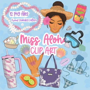 May include: A digital clipart set with a tropical theme. Includes a woman's face, a lei, a tote bag, a bikini, a drink can, a shaved ice dessert, a tumbler, a hand gesture, and other elements. The text "Miss Aloha CLIP ART" is also present.