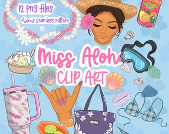Hawaiian Wahine Miss Aloha Clip Art/ Papale Hat Hibiscus/ Pikake Lokelani Tiare Lei/ Palaka Tumbler/ Shell Bracelet Bangles Shaka/ Juice PNG