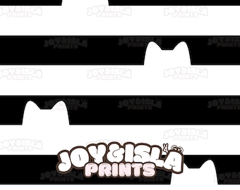 May include: A repeating pattern of black and white horizontal stripes with white cat silhouettes peeking over the stripes. The text "JOY&ISLA PRINTS" is in a bubble font in the lower center of the image. The overall design is playful and whimsical.