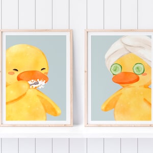 Downloadable SET of 2 Self Care + Brush Teeth Ducky Wall Art in BLUE MIST, Cute Bathroom Wall Art Digital Prints, Printable Bathroom Decor