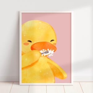 PRINTED & SHIPPED Brushing Teeth Ducky in PINK, Cute Kid&#39;s Bathroom Wall Art, Spa Decor, Rubber Ducky Print, Towel Head Wrap Art
