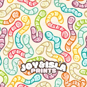 May include: A repeating pattern of colorful cartoon gummy worms in various colors, including pink, green, yellow, and blue, on a cream background. The worms have smiling faces. The text "JOY&ISLA PRINTS" is in the lower right corner.