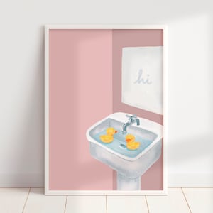 Downloadable Duckies in the Sink Printable Art in Blush Pink, Cute Bathroom Wall Art Digital Print, Potty Time Toilet Wall Decor Print