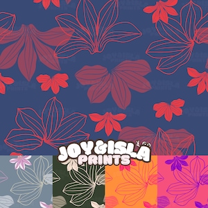 May include: A seamless pattern featuring stylized leaf motifs in various color combinations. The main design displays red line-art leaves on a dark blue background. The text JOY & ISLA PRINTS is centered at the bottom over four smaller color variations.