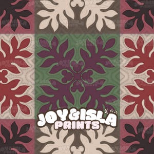 May include: A patchwork design featuring stylized floral patterns in shades of red, brown, cream, and purple. The design includes the text "JOY&ISLA PRINTS" in a playful font, adding a decorative element to the overall composition.