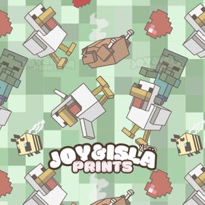 Descarga digital de patrones sin costuras de Minecraft: Pollo Jockey, Pollo de lava de Steve, Abejas, Corazones Pixel Art - Cumpleaños de jugador, PNG de sublimación
