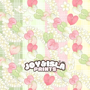 May include: A seamless pattern featuring pink heart-shaped flowers, green leaves, and white floral garlands on a pastel plaid background. The design includes the text "JOY & ISLA PRINTS" in a playful font.