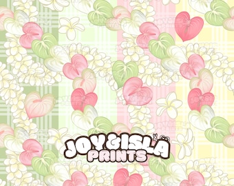May include: A seamless pattern featuring pink heart-shaped flowers, green leaves, and white floral garlands on a pastel plaid background. The design includes the text "JOY & ISLA PRINTS" in a playful font.