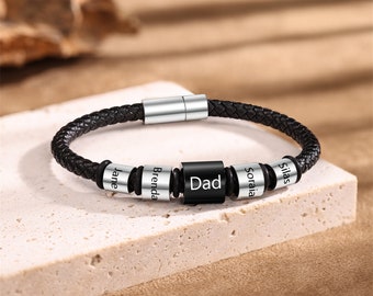 Pulsera de cuero negro con nombre de familia personalizado, pulsera de cuero personalizada para hombres, pulsera grabada de 3-5 nombres, regalo para ella / él, pulseras de pareja