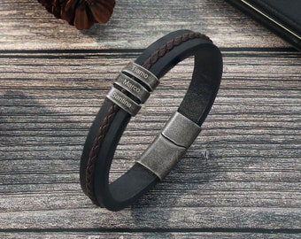 Bracciale in pelle nera con nome di famiglia personalizzato, bracciale in pelle con nome personalizzato per lui, regalo per papà/marito/fidanzato, regali per la festa del papà