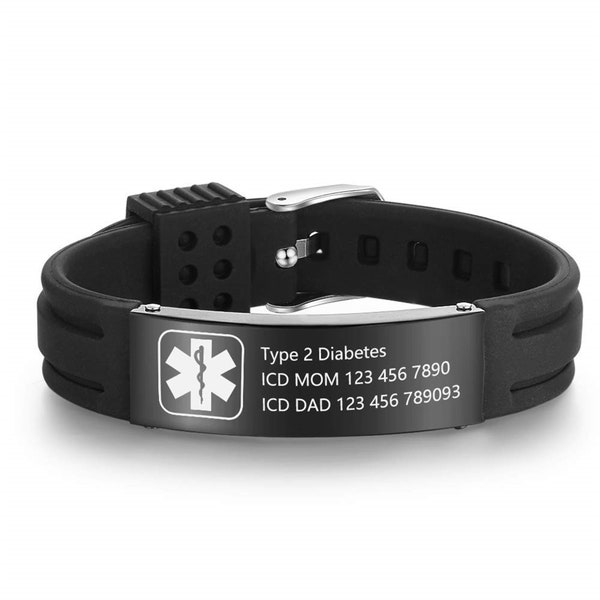 Personalized Medical Alert Bracelet for Men Women,Custom Medical ID Bracelet,Silicone Wristband,Sport Emergency ID Bracelet,ICE Engraved