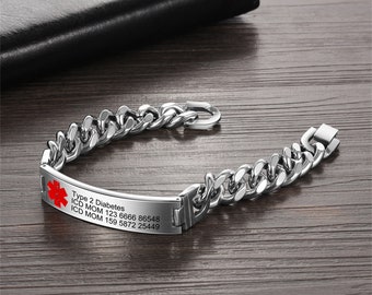 Stainless Steel Medical ID Bracelet,Personalized Men Medical Bangle Wristband,Emergency Bracelet,Medical Allergy,ICE Engraved Customised