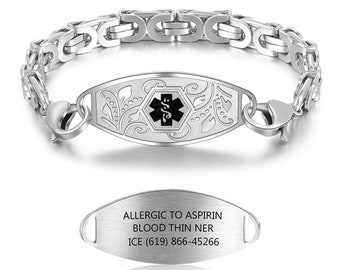 Medical ID Bracelet,Personalized Medical,Stainless Steel Medical ID Bracelet,Emergency Bracelet,Medical Allergy,ICE Engraved Customised