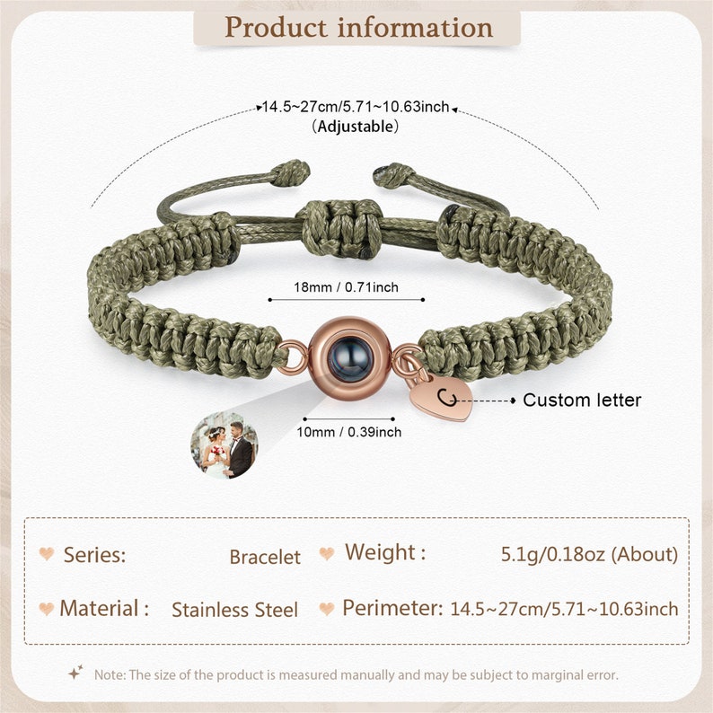 Bracelet personnalisé pour projection de photos, bracelet corde tressée, bracelet commémoratif, bracelet photo, cadeaux d'anniversaire, cadeau pour lui/elle image 3