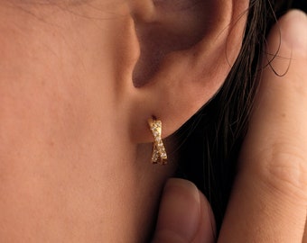 Minimalist Criss Cross Pave Diamond Earring, Dainty X Shape Hoop Earrings, Sterling Silver Huggie Hoops, Bridesmaid Gifts, Gift for Her
