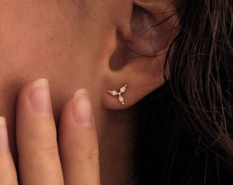 Dainty Marquise Diamond Earrings, Flower Petal Diamond Stud Earrings, Sterling Silver Stud Earrings, Minimalist Earrings, Gift for Her