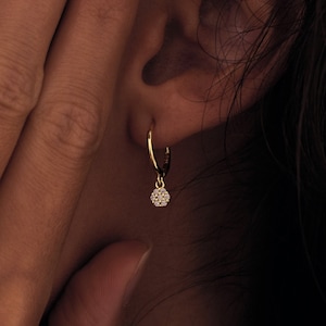 Flower Drop Earring, Pave Diamond Earring, Dangling Diamond Earring, Minimalist Sterling Silver Earrings, Huggie Style Earring, Gift for Mom