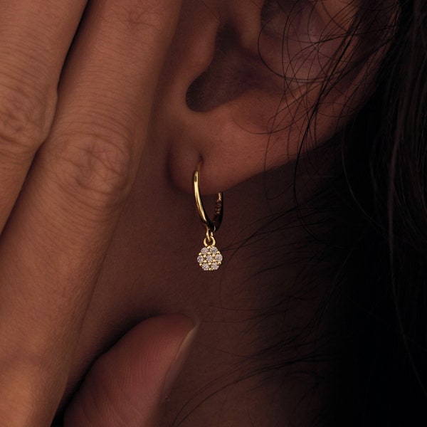 Flower Drop Earring, Pave Diamond Earring, Dangling Diamond Earring, Minimalist Sterling Silver Earrings, Huggie Style Earring, Gift for Mom
