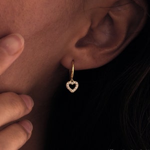 Heart Hoop Earrings in Sterling Silver, Diamond Charm Huggie Hoop Earrings, Dainty Heart Earrings, Heart Dangle Earrings, Bridesmaid Gifts