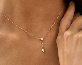 Diamond Drop ketting, gouden Lariat ketting, minimalistische gelaagdheid ketting in sterling zilver, bruidsmeisje cadeau voor haar, kerstcadeau