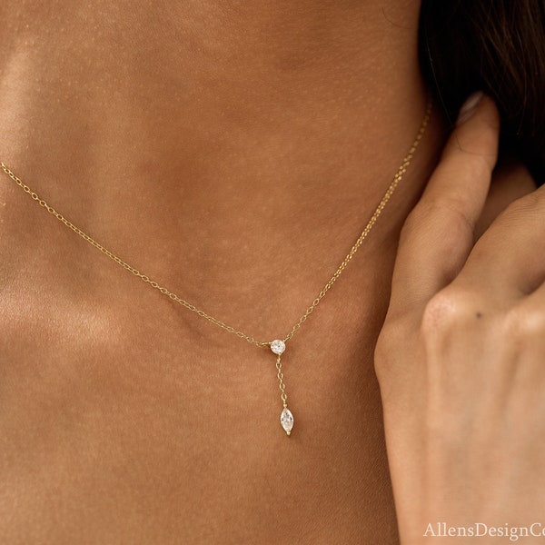 Collier goutte diamants, collier lariat en or, collier superposé minimaliste en argent sterling, cadeau de demoiselle d'honneur pour elle, cadeau de Noël