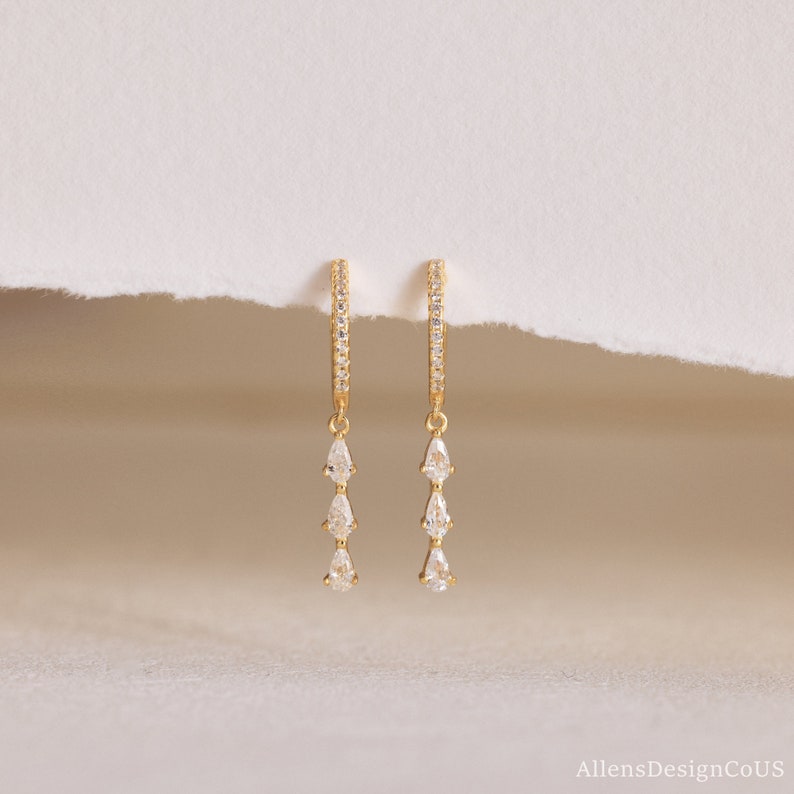 Dainty Diamond Drop Earrings, Crystal Huggie Earrings in Gold, Dangle Earrings Sterling Silver, Gift for her, Birthday Gift,Valentine's Gift image 3