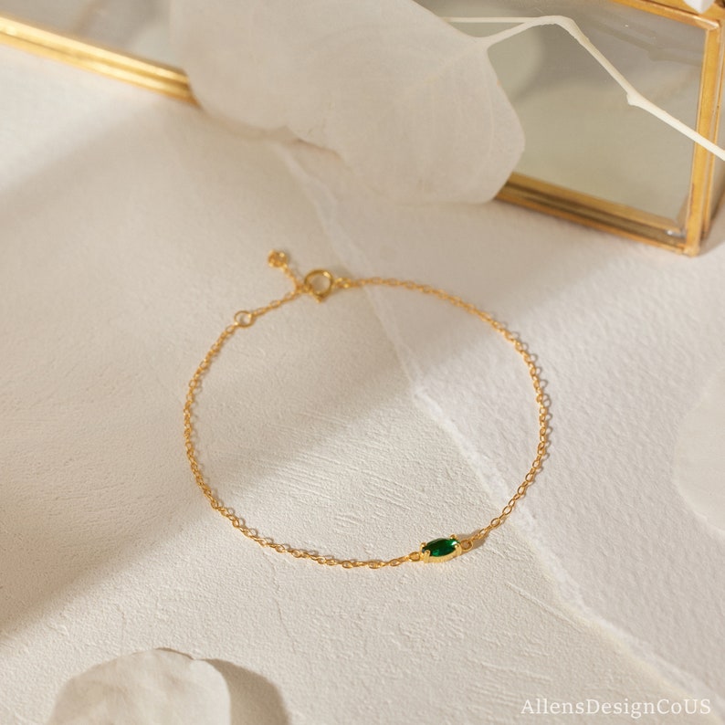 925 Sterling Silver Marquise Bracelet, Emerald Gemstone Bracelet, Everyday Simple Bracelet, 14K Gold Bracelet, Valentine's Gift image 3
