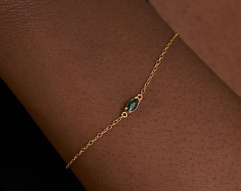 925 Sterling Silver Marquise Bracelet, Emerald Gemstone Bracelet, Everyday Simple Bracelet, 14K Gold Bracelet, Valentine's Gift