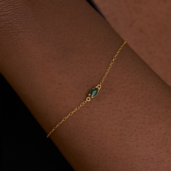 925 Sterling Silver Marquise Bracelet, Emerald Gemstone Bracelet, Everyday Simple Bracelet, 14K Gold Bracelet, Valentine's Gift