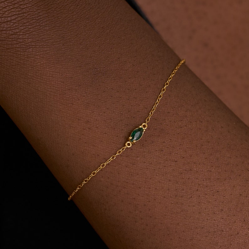 925 Sterling Silver Marquise Bracelet, Emerald Gemstone Bracelet, Everyday Simple Bracelet, 14K Gold Bracelet, Valentine's Gift image 1